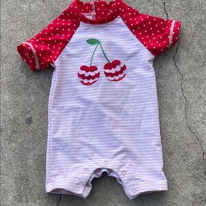 🌈 Little Me Red and White Cherry Bathing suit Sz 12M Striped Pokadots Bodysuit